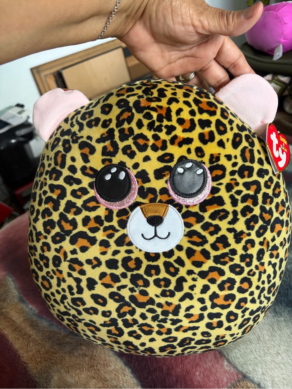 NWT TY Livvie Leopard Print Round Plush Pillow Toy - Pink & Yellow